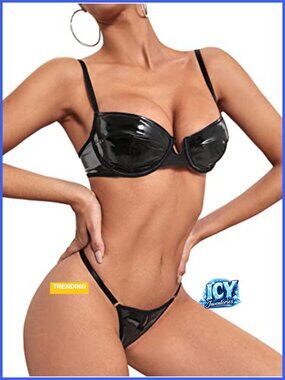 2 Piece PU Leather Underwire Lingerie Set with Thongs